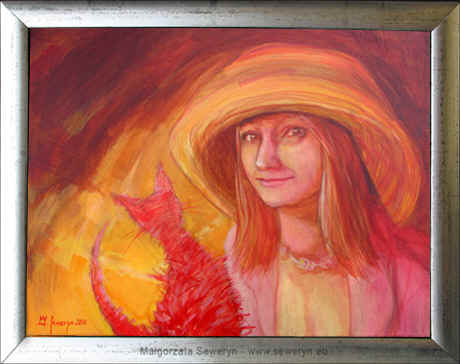 "Autoportret z Kotem", technika mieszana na ptnie, 24x30cm, 2010